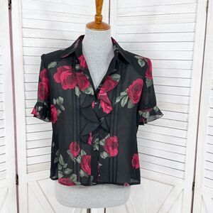 Studio I Sheer Ruffle‎ Trim Roses Floral Crop Y2K Blouse Black Red 8 Gothic Top